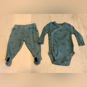 Long-Sleeve Wrap One-Piece Bodysuit in Teal Green with dinosaur Print